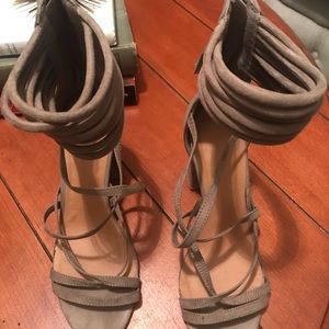 Taupe suede block heels